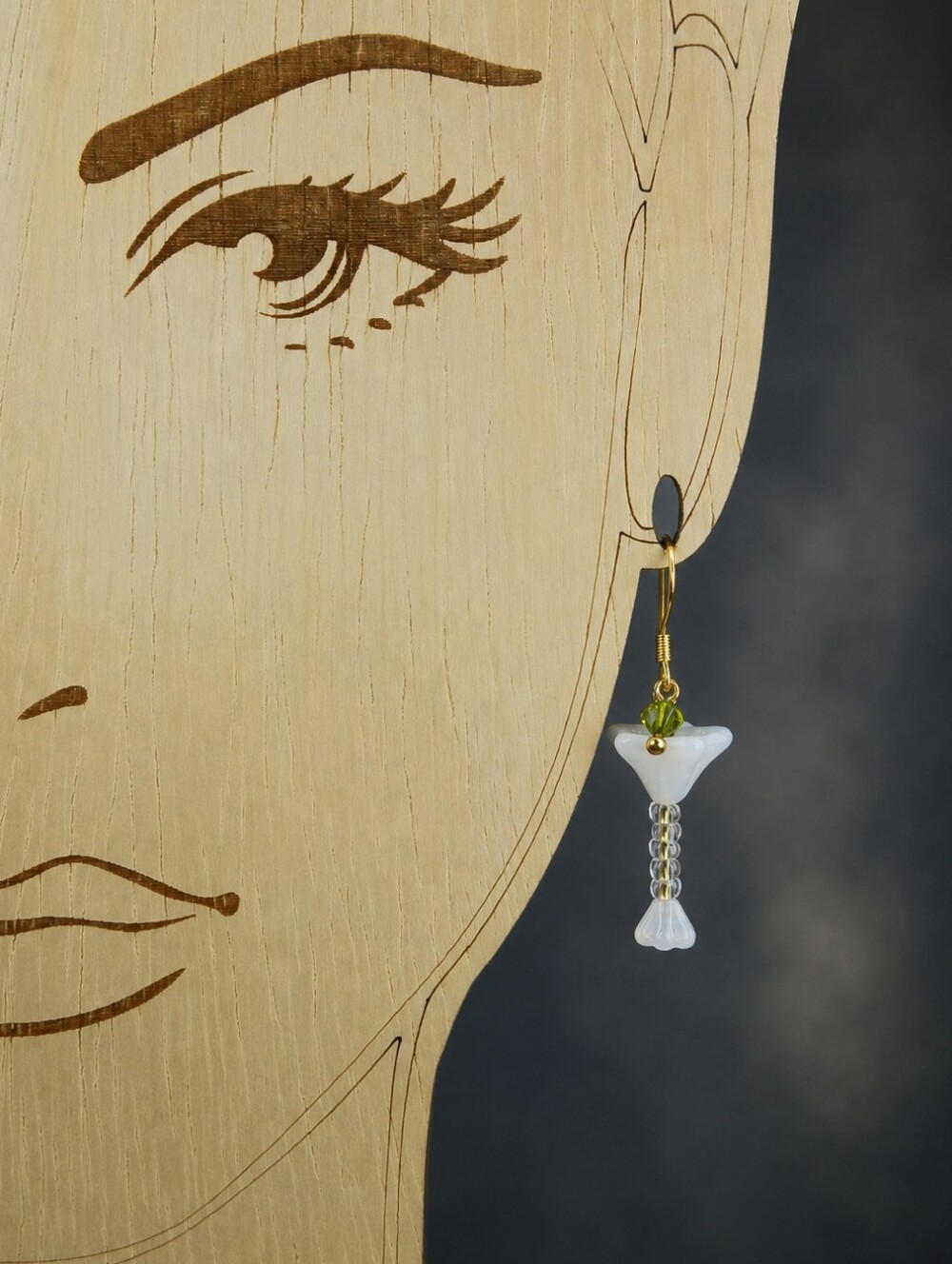 Martini Glass Earrings Green Olive Czech Glass Gold Tone Hand Crafted - Picture 5 of 6